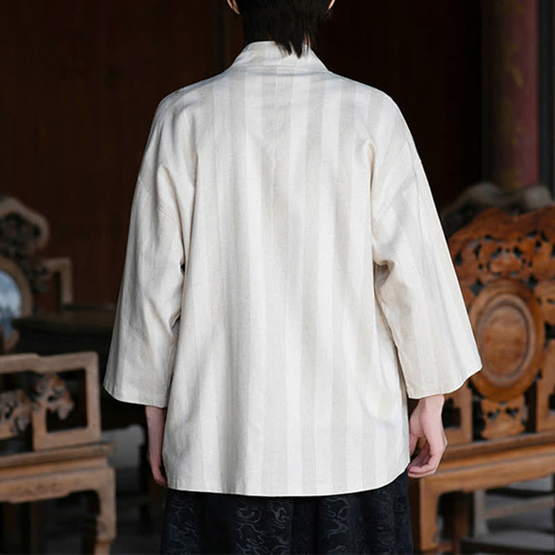 Buddha Stones 春夏カジュアル唐草スタイルドローストリング無地コットンリネン七分袖メンズ着物ポケット付き - image 4