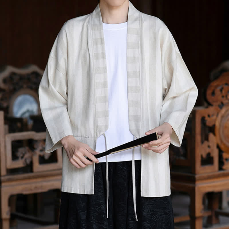 Buddha Stones 春夏カジュアル唐草スタイルドローストリング無地コットンリネン七分袖メンズ着物ポケット付き - image 1