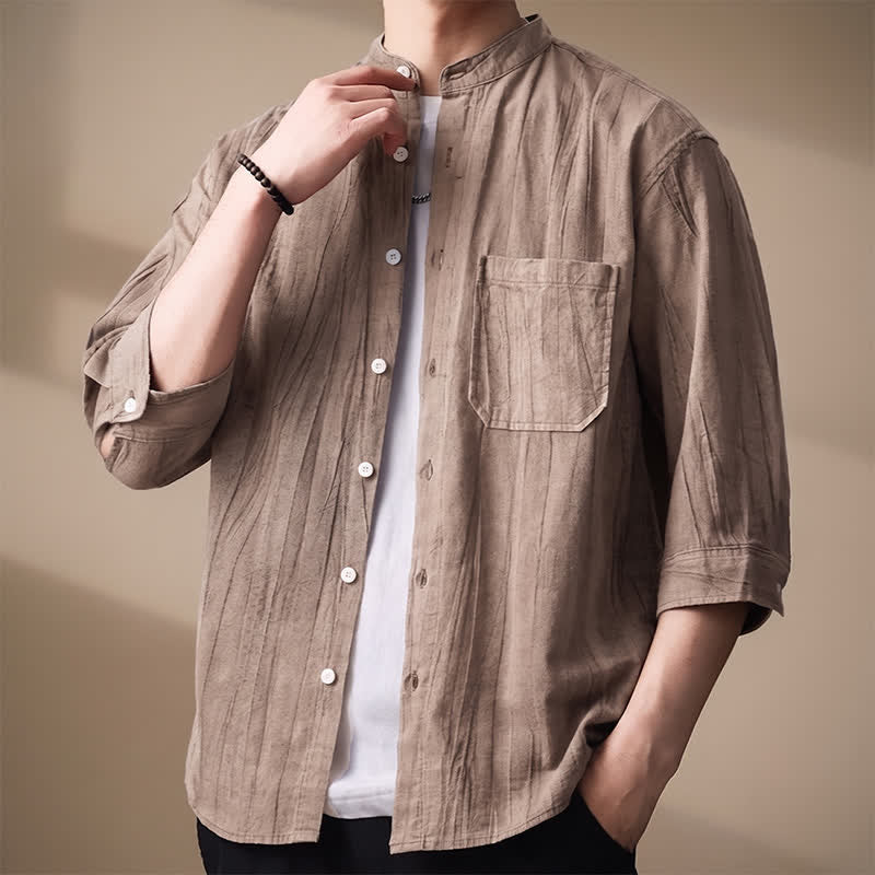 Buddha Stones 春夏カジュアルマンダリンカラー無地コットンメンズ長袖シャツ（パッチポケット付き） - image 2