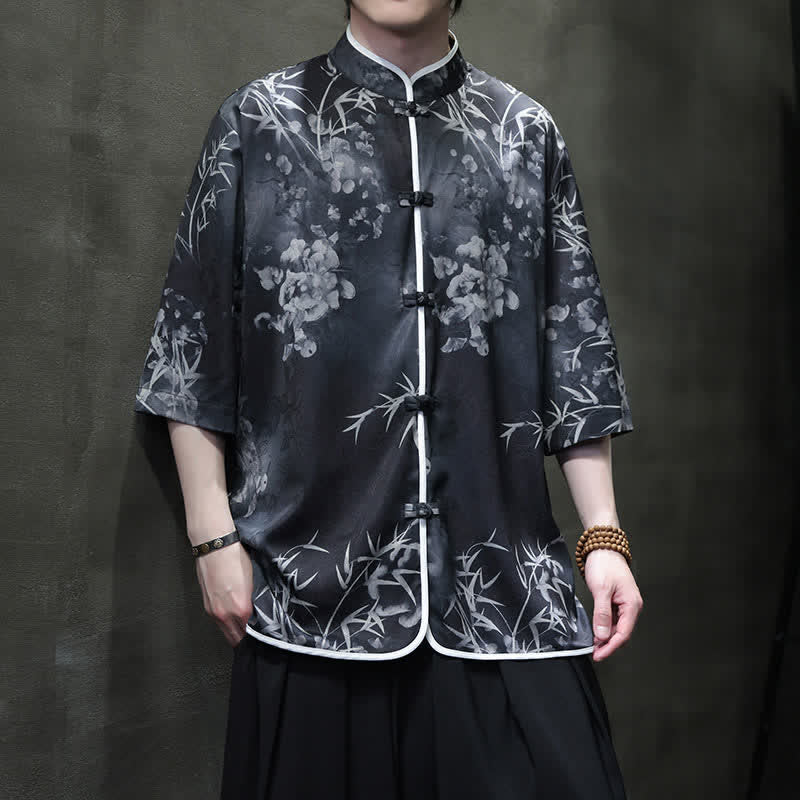 Buddha Stones 春夏ヴィンテージ唐風マンダリンカラー竹柄メンズ肘丈袖シャツ - 黒 - US/UK/AU46、 EU56 (5XL) - image 10