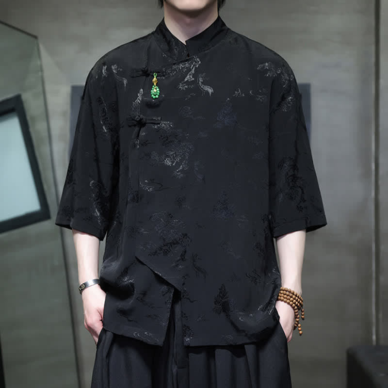 Buddha Stones 春燕柄 エレガントなマンダリンカラー フロッグボタン メンズ 肘丈袖シャツ - 黒 - US/UK/AU46、 EU56 (5XL) - image 9