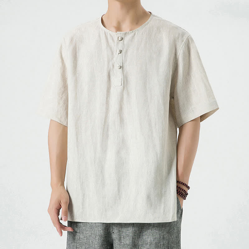 Buddha Stones 夏物カジュアルミニマリストサイドスリット無地クルーネックリネンメンズ半袖シャツ - image 1