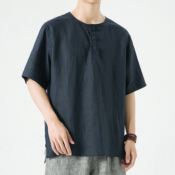 Buddha Stones 夏物カジュアルミニマリストサイドスリット無地クルーネックリネンメンズ半袖シャツ - image 18