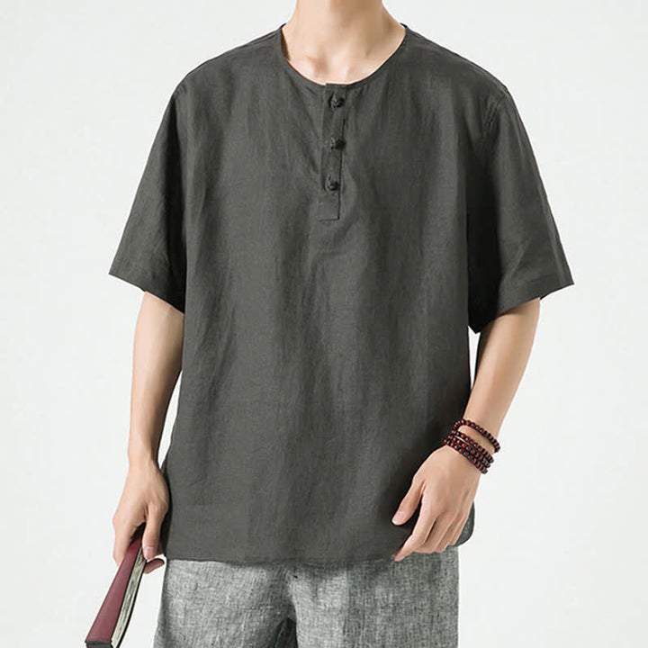 Buddha Stones 夏物カジュアルミニマリストサイドスリット無地クルーネックリネンメンズ半袖シャツ - image 30