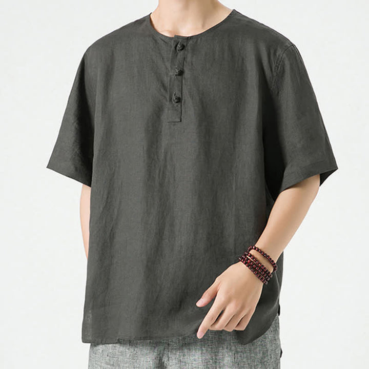 Buddha Stones 夏物カジュアルミニマリストサイドスリット無地クルーネックリネンメンズ半袖シャツ - image 29