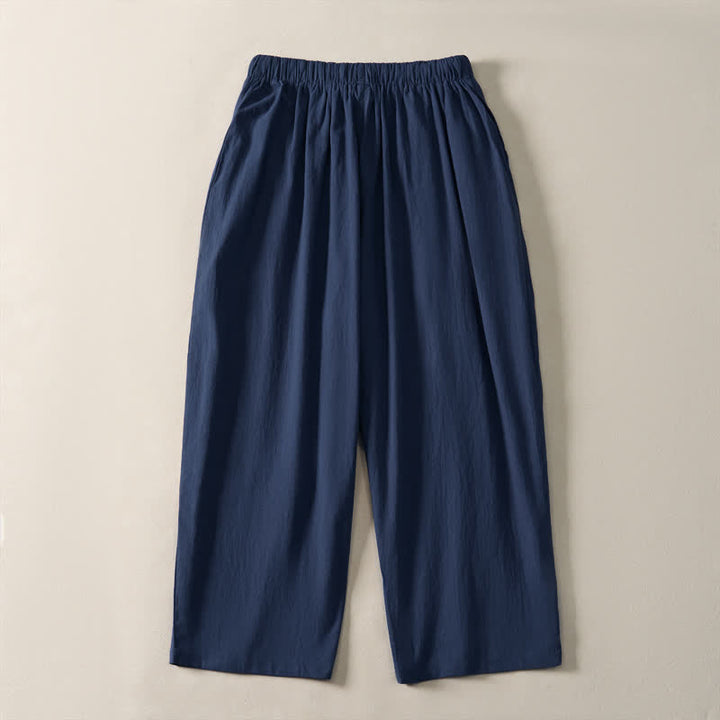 Buddha Stones 夏物カジュアルドローストリング無地クロップドパンツメンズハーレムパンツポケット付き - image 1
