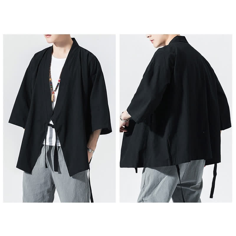 Buddha Stones 夏物カジュアルミニマリストドローストリング無地肘丈袖メンズ着物 - image 13