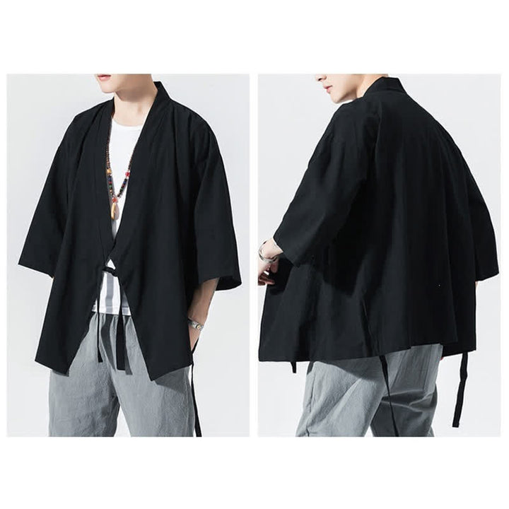 Buddha Stones 夏物カジュアルミニマリストドローストリング無地肘丈袖メンズ着物 - image 13