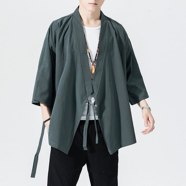Buddha Stones 夏物カジュアルミニマリストドローストリング無地肘丈袖メンズ着物 - image 1