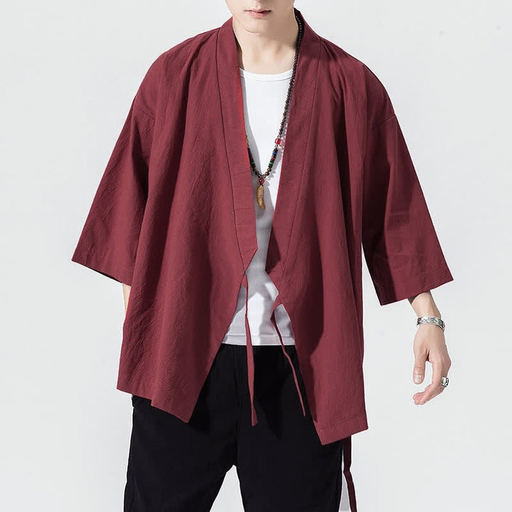 Buddha Stones 夏物カジュアルミニマリストドローストリング無地肘丈袖メンズ着物 - image 20