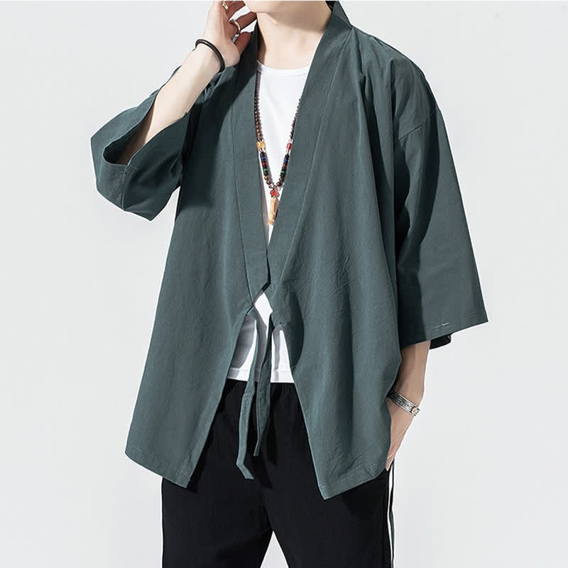 Buddha Stones 夏物カジュアルミニマリストドローストリング無地肘丈袖メンズ着物 - image 2