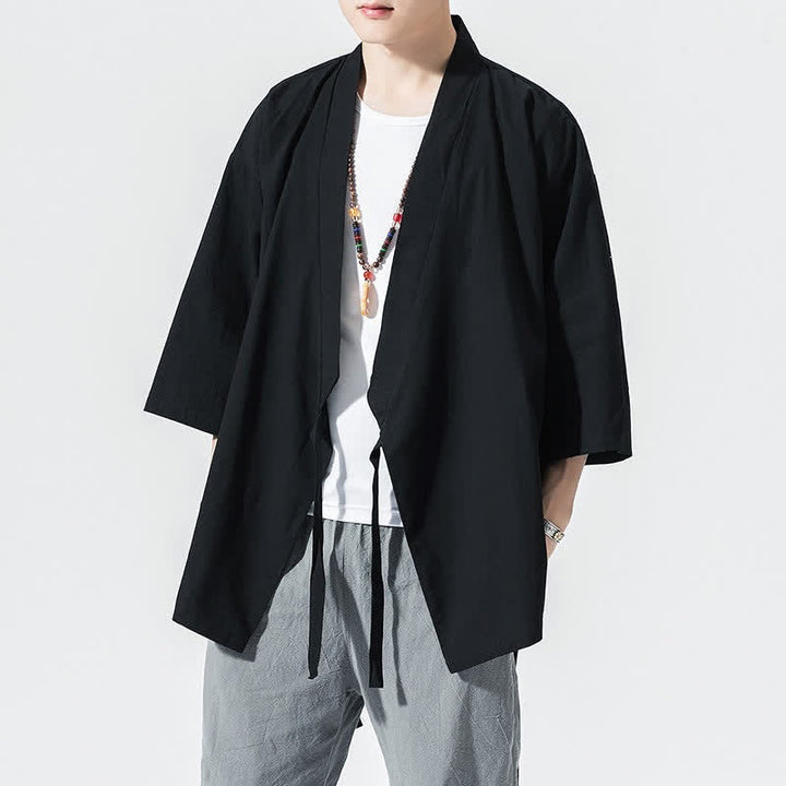 Buddha Stones 夏物カジュアルミニマリストドローストリング無地肘丈袖メンズ着物 - 黒 - US/UK/AU46, EU56 （5XL） - image 5