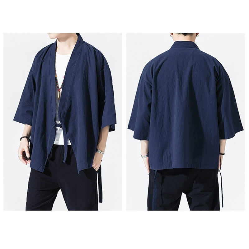 Buddha Stones 夏物カジュアルミニマリストドローストリング無地肘丈袖メンズ着物 - image 18