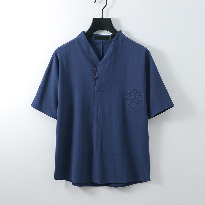 Buddha Stones 2枚組 夏用唐風カジュアル刺繍入り無地コットンリネン半袖シャツショーツ メンズ瞑想服 ポケット付き - image 7