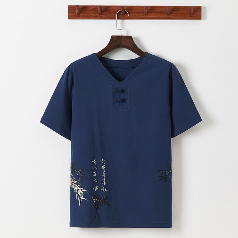 Buddha Stones 夏用唐風カジュアルカエルボタン竹柄コットンリネン半袖シャツパンツメンズ瞑想服（ポケット付き）2点セット - image 2