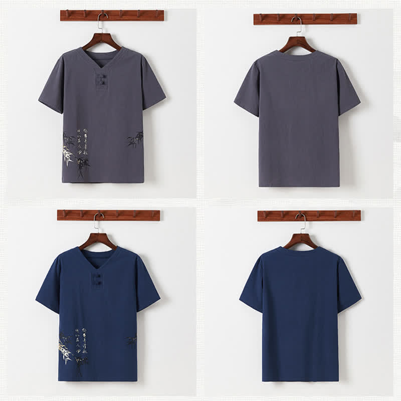 Buddha Stones 夏用唐風カジュアルカエルボタン竹柄コットンリネン半袖シャツパンツメンズ瞑想服（ポケット付き）2点セット - image 23