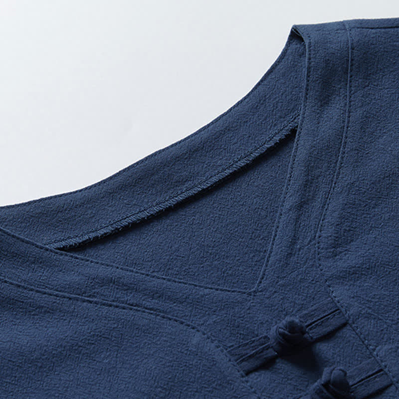 Buddha Stones 夏用唐風カジュアルカエルボタン竹柄コットンリネン半袖シャツパンツメンズ瞑想服（ポケット付き）2点セット - image 6