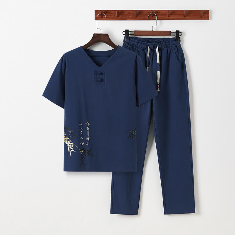 Buddha Stones 夏用唐風カジュアルカエルボタン竹柄コットンリネン半袖シャツパンツメンズ瞑想服（ポケット付き）2点セット - 海軍 - US/UK/AU46, EU56 （5XL） - image 1