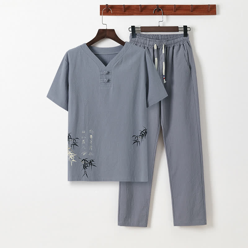Buddha Stones 夏用唐風カジュアルカエルボタン竹柄コットンリネン半袖シャツパンツメンズ瞑想服（ポケット付き）2点セット - ゲインズボロ - US/UK/AU46, EU56 （5XL） - image 0