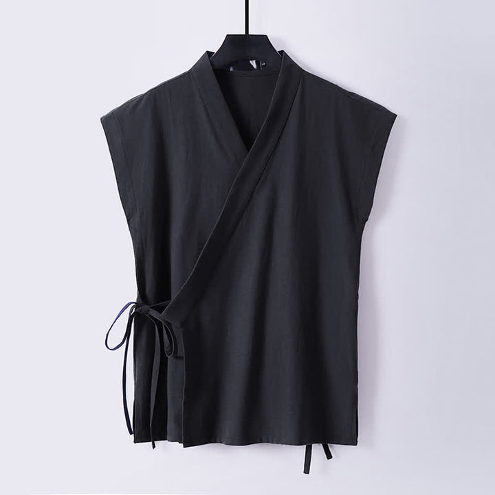 Buddha Stones 夏用瞑想用タンスタイルドローストリング無地コットンリネン半袖シャツショーツメンズ瞑想服2枚セット（ポケット付き） - image 4