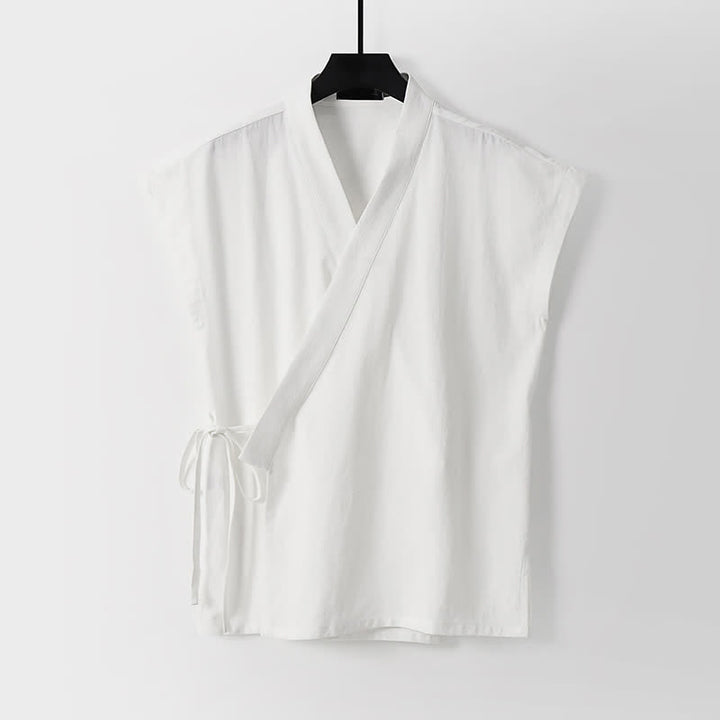 Buddha Stones 夏用瞑想用タンスタイルドローストリング無地コットンリネン半袖シャツショーツメンズ瞑想服2枚セット（ポケット付き） - image 14