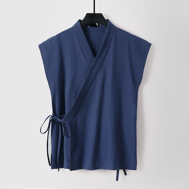 Buddha Stones 夏用瞑想用タンスタイルドローストリング無地コットンリネン半袖シャツショーツメンズ瞑想服2枚セット（ポケット付き） - image 1