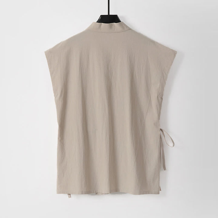 Buddha Stones 夏用瞑想用タンスタイルドローストリング無地コットンリネン半袖シャツショーツメンズ瞑想服2枚セット（ポケット付き） - image 11