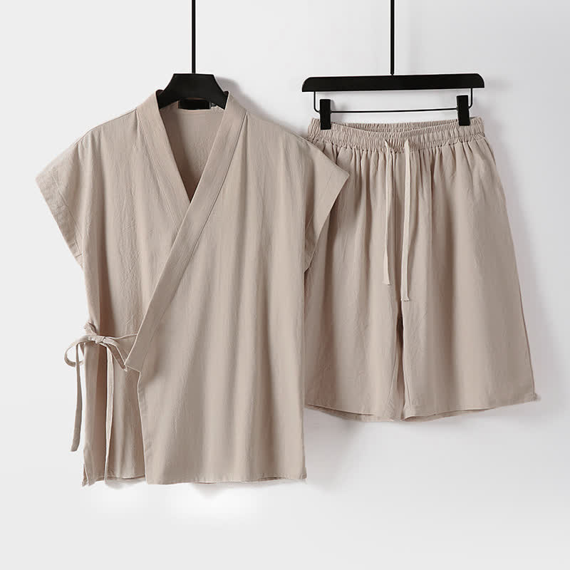 Buddha Stones 夏用瞑想用タンスタイルドローストリング無地コットンリネン半袖シャツショーツメンズ瞑想服2枚セット（ポケット付き） - ビスク - US/UK/AU54, EU64 （9XL） - image 9