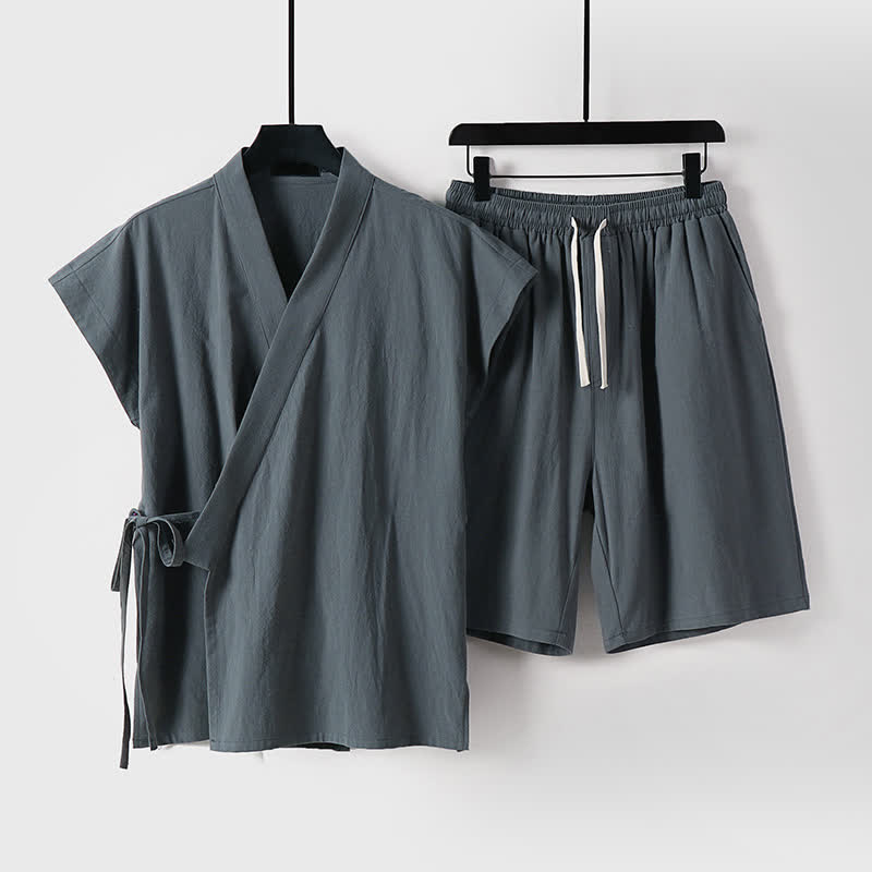 Buddha Stones 夏用瞑想用タンスタイルドローストリング無地コットンリネン半袖シャツショーツメンズ瞑想服2枚セット（ポケット付き） - 薄暗い灰色 - US/UK/AU54, EU64 （9XL） - image 6