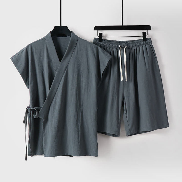 Buddha Stones 夏用瞑想用タンスタイルドローストリング無地コットンリネン半袖シャツショーツメンズ瞑想服2枚セット（ポケット付き） - 薄暗い灰色 - US/UK/AU54, EU64 （9XL） - image 6