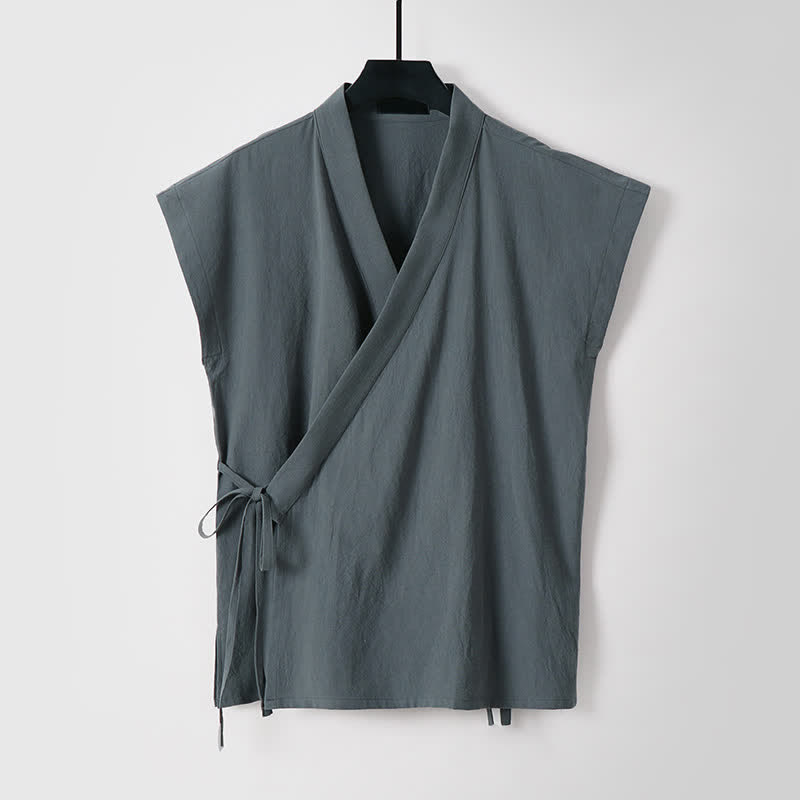 Buddha Stones 夏用瞑想用タンスタイルドローストリング無地コットンリネン半袖シャツショーツメンズ瞑想服2枚セット（ポケット付き） - image 7