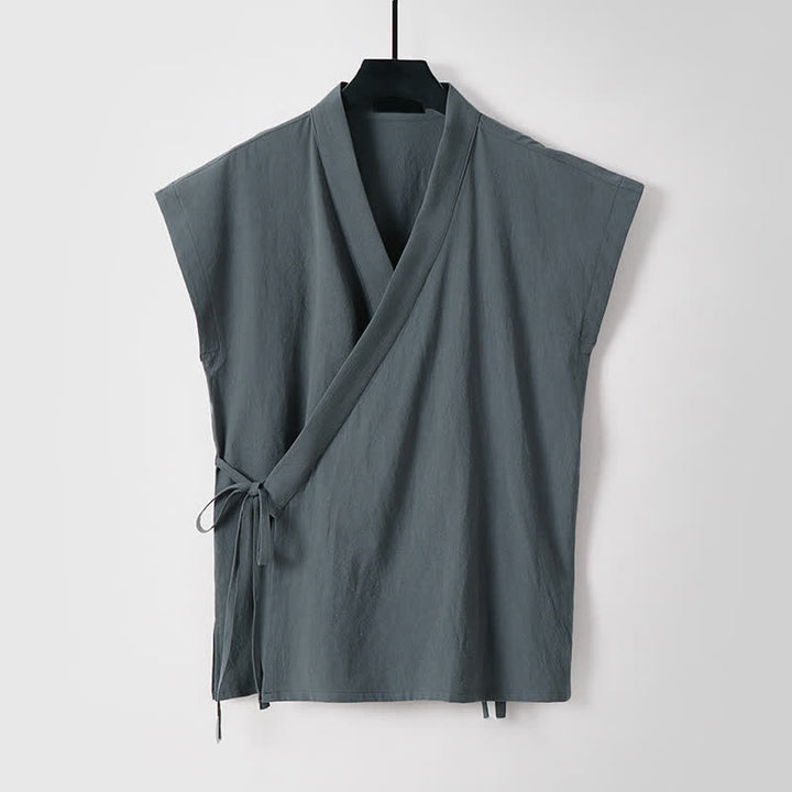 Buddha Stones 夏用瞑想用タンスタイルドローストリング無地コットンリネン半袖シャツショーツメンズ瞑想服2枚セット（ポケット付き） - image 7