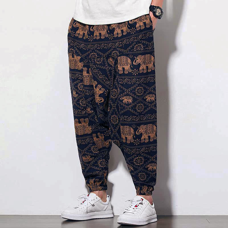 Buddha Stones象柄 ブラウン ブラック プリント メンズ ロング丈 クロップド ハーレムパンツ ポケット付き - image 3