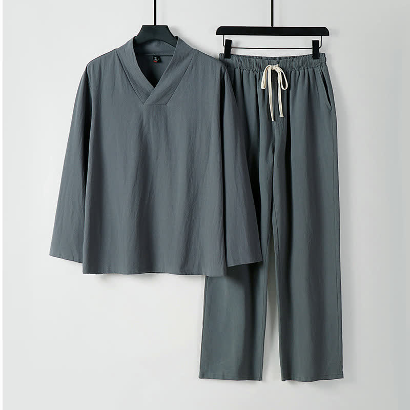 Buddha Stonesクロスカラーコットンリネン唐装漢服上下セットメンズ - グレー - US/UK/AU54、 EU64 (9XL) - image 0