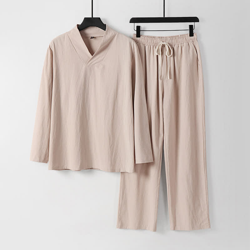 Buddha Stonesクロスカラーコットンリネン唐装漢服上下セットメンズ - ビスク - US/UK/AU54、 EU64 (9XL) - image 10