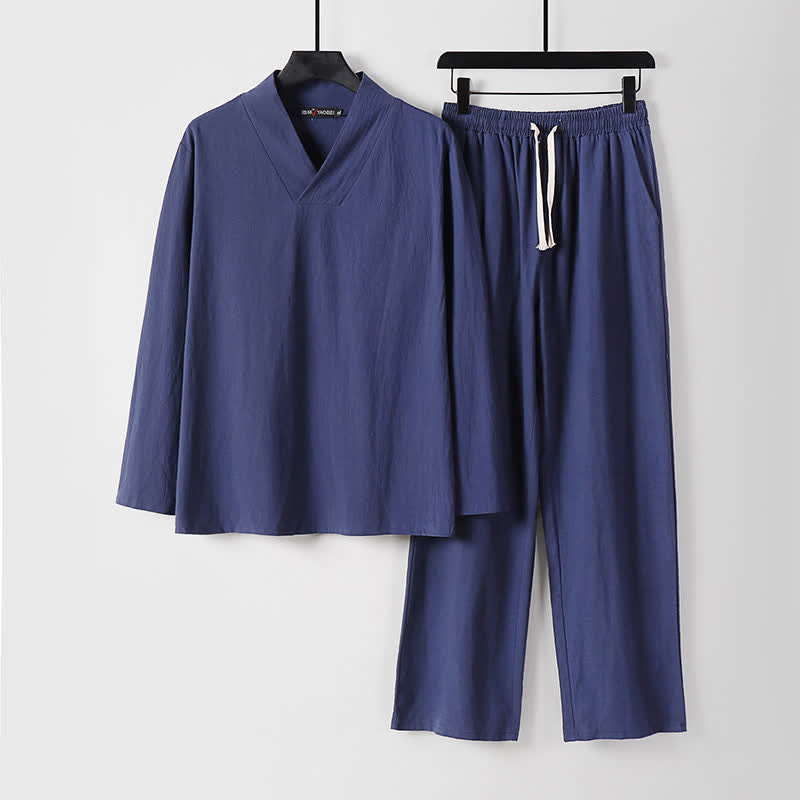Buddha Stonesクロスカラーコットンリネン唐装漢服上下セットメンズ - ダークスレートブルー - US/UK/AU54、 EU64 (9XL) - image 23
