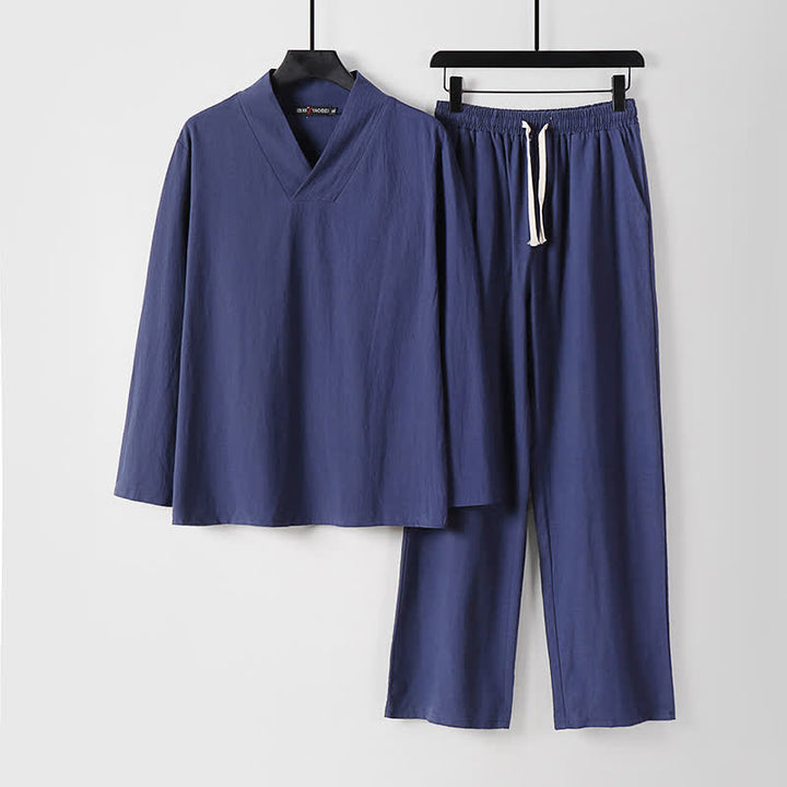 Buddha Stonesクロスカラーコットンリネン唐装漢服上下セットメンズ - ダークスレートブルー - US/UK/AU54、 EU64 (9XL) - image 23