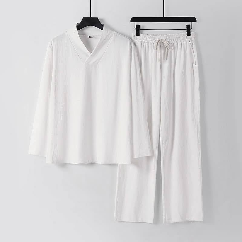Buddha Stonesクロスカラーコットンリネン唐装漢服上下セットメンズ - 白 - US/UK/AU54、 EU64 (9XL) - image 13