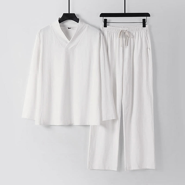 Buddha Stonesクロスカラーコットンリネン唐装漢服上下セットメンズ - 白 - US/UK/AU54、 EU64 (9XL) - image 13