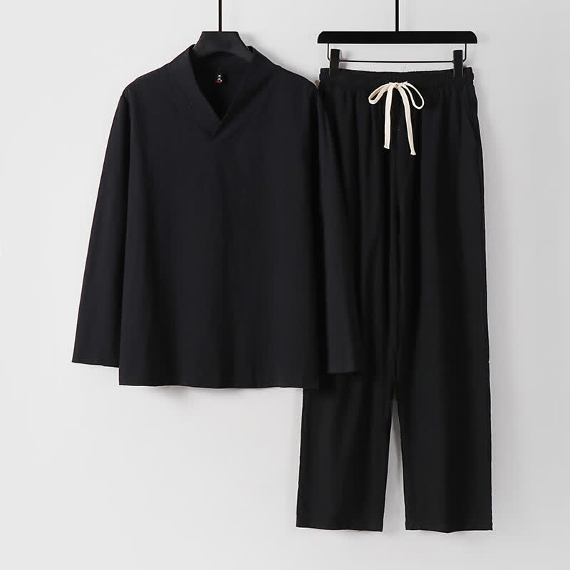 Buddha Stonesクロスカラーコットンリネン唐装漢服上下セットメンズ - 黒 - US/UK/AU54、 EU64 (9XL) - image 3
