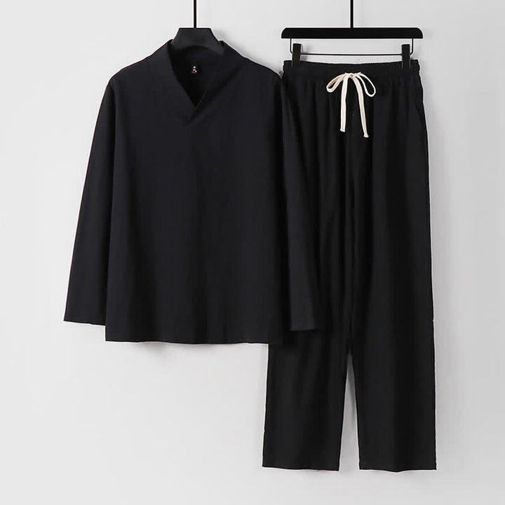 Buddha Stonesクロスカラーコットンリネン唐装漢服上下セットメンズ - 黒 - US/UK/AU54、 EU64 (9XL) - image 3