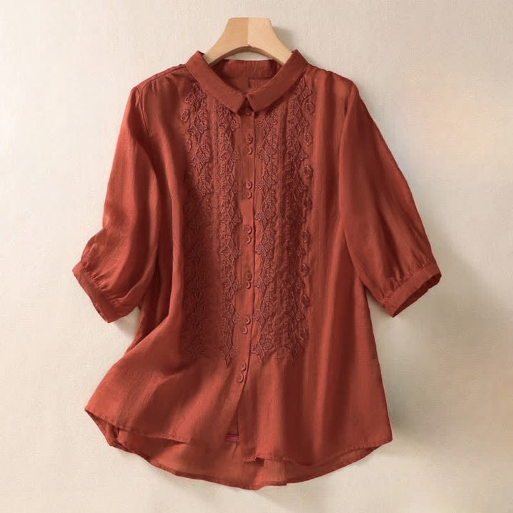 Buddha Stones夏用無地ボタン刺繍花柄 七分袖ラペル レディースシャツ - 赤 - US12、 UK/AU16、 EU44 (2XL) - image 19