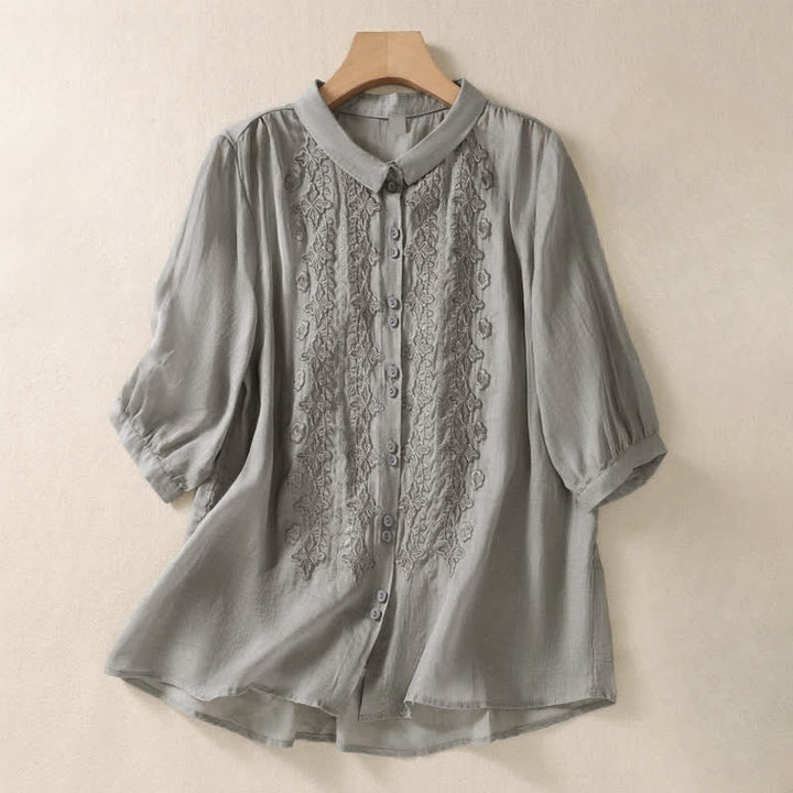Buddha Stones夏用無地ボタン刺繍花柄 七分袖ラペル レディースシャツ - ダークグレー - US12、 UK/AU16、 EU44 (2XL) - image 13