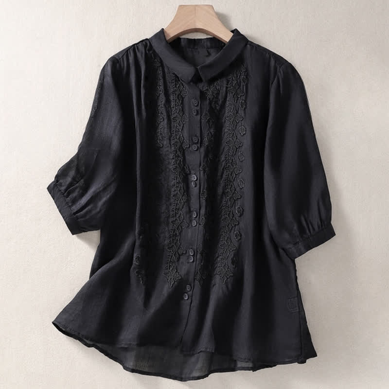 Buddha Stones夏用無地ボタン刺繍花柄 七分袖ラペル レディースシャツ - 黒 - US12、 UK/AU16、 EU44 (2XL) - image 26