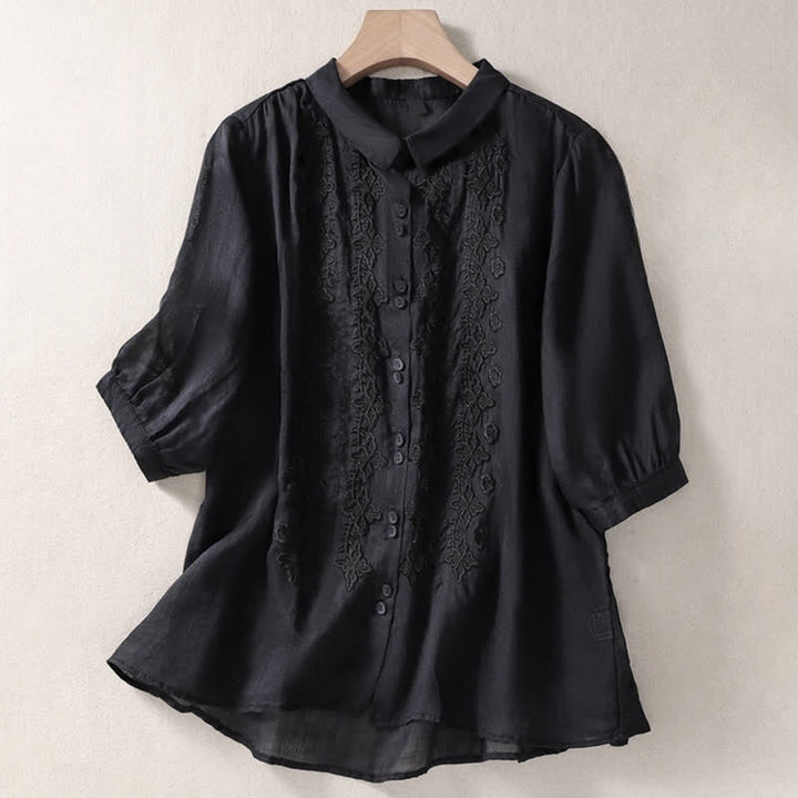 Buddha Stones夏用無地ボタン刺繍花柄 七分袖ラペル レディースシャツ - 黒 - US8-10，UK/AU12-14，EU40-42 (2XL) - image 26
