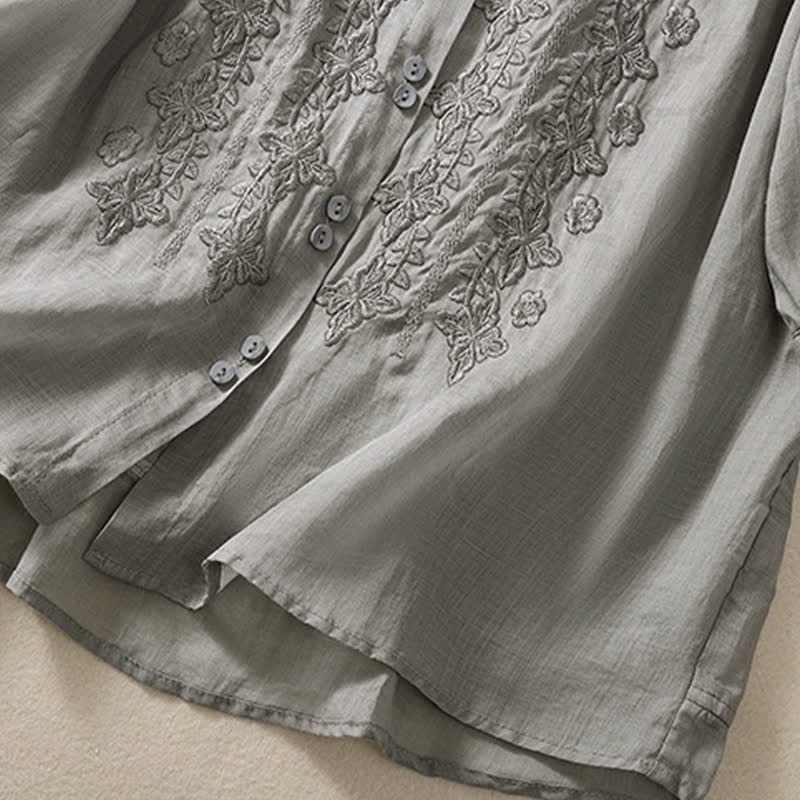 Buddha Stones夏用無地ボタン刺繍花柄 七分袖ラペル レディースシャツ - image 18