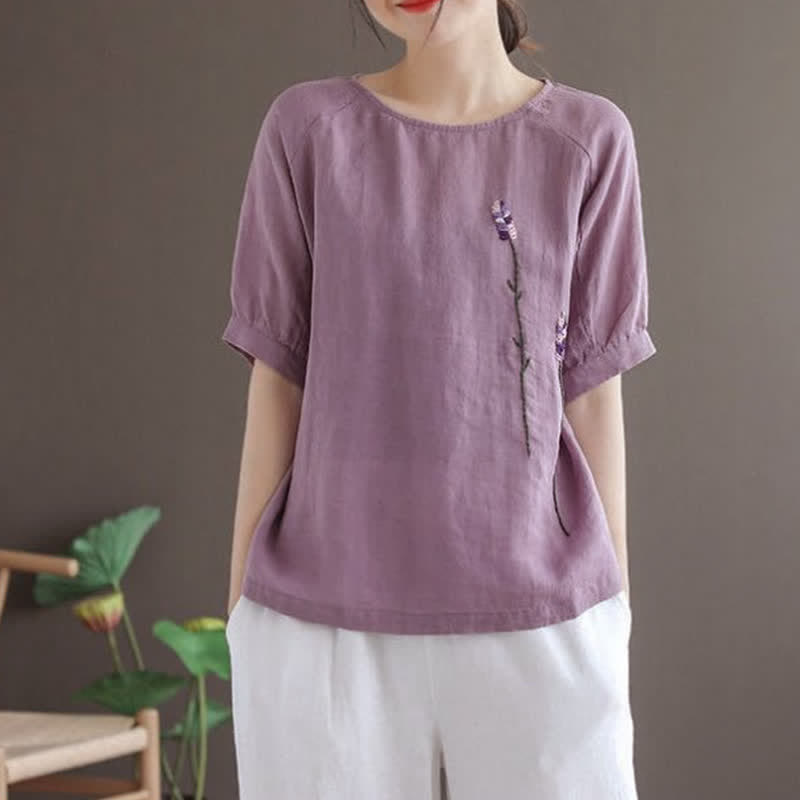 Buddha Stonesサマーヴィンテージ刺繍花柄レディースクルーネックTシャツ - image 2