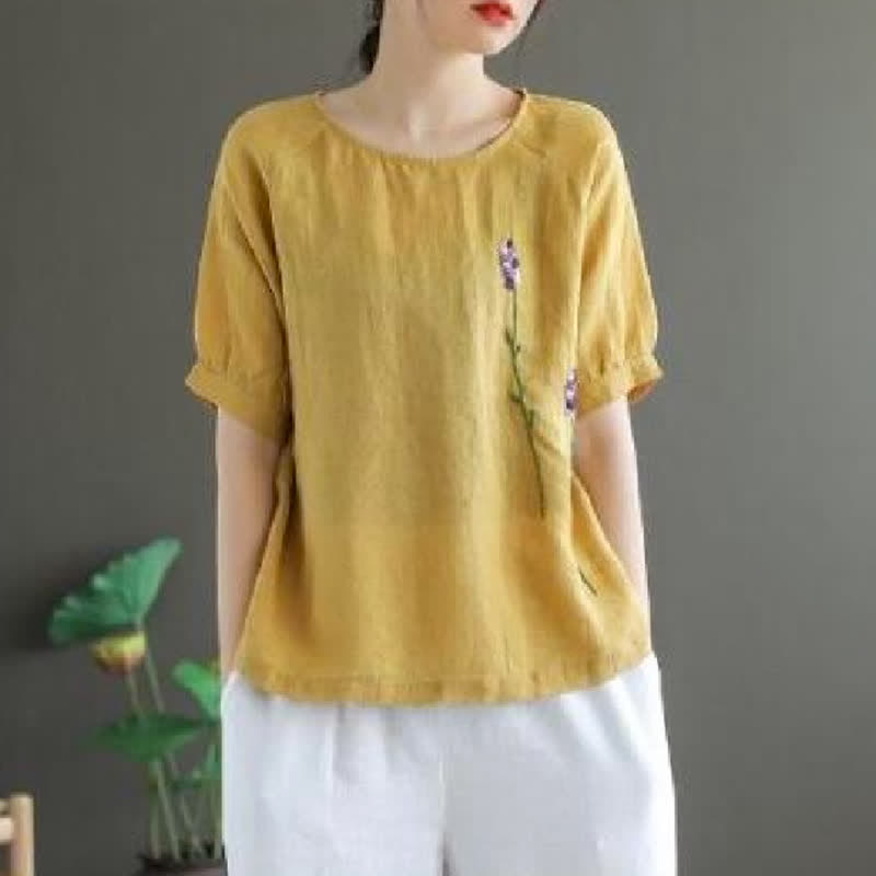 Buddha Stonesサマーヴィンテージ刺繍花柄レディースクルーネックTシャツ - カーキ - US8-10，UK/AU12-14，EU40-42 (2XL) - image 5