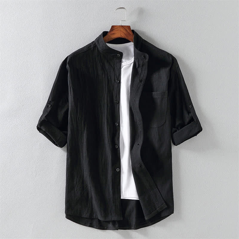 Buddha Stones夏用無地メンズボタン付き半袖シャツ - 黒 - US/UK/AU46、 EU56 (5XL) - image 0