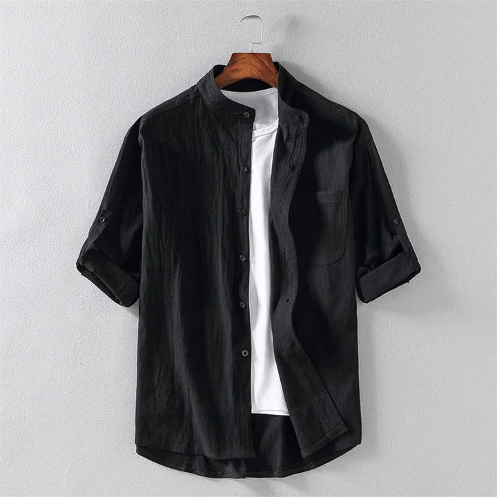 Buddha Stones夏用無地メンズボタン付き半袖シャツ - 黒 - US/UK/AU46、 EU56 (5XL) - image 0
